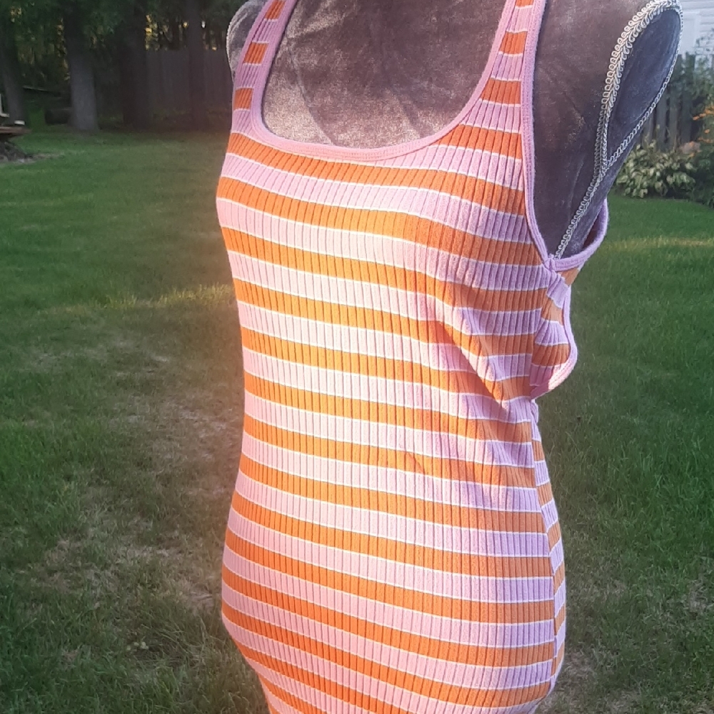 Zara💗Pink🧡OrangeBODYCON Striped COTTON Midi Dress Size M - Picture 5 of 7